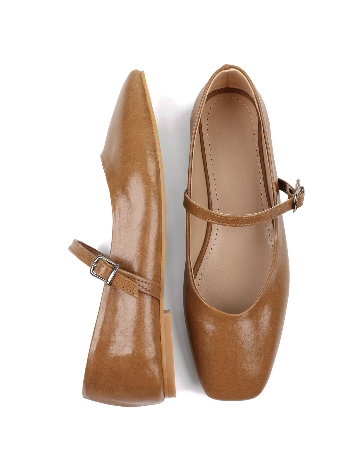 Caramel Square-Toe Buckle Bridge Strap Stylish Ballet Flats