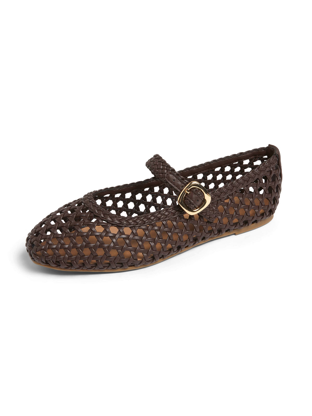 Brown Woven Vegan Leather Square-Toe Buckle Mary Jane Classic Flats