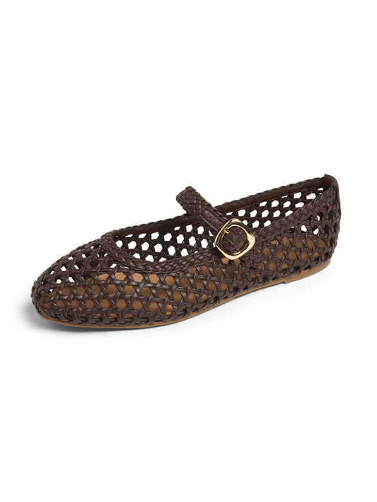 Brown Woven Vegan Leather Square-Toe Buckle Mary Jane Classic Flats