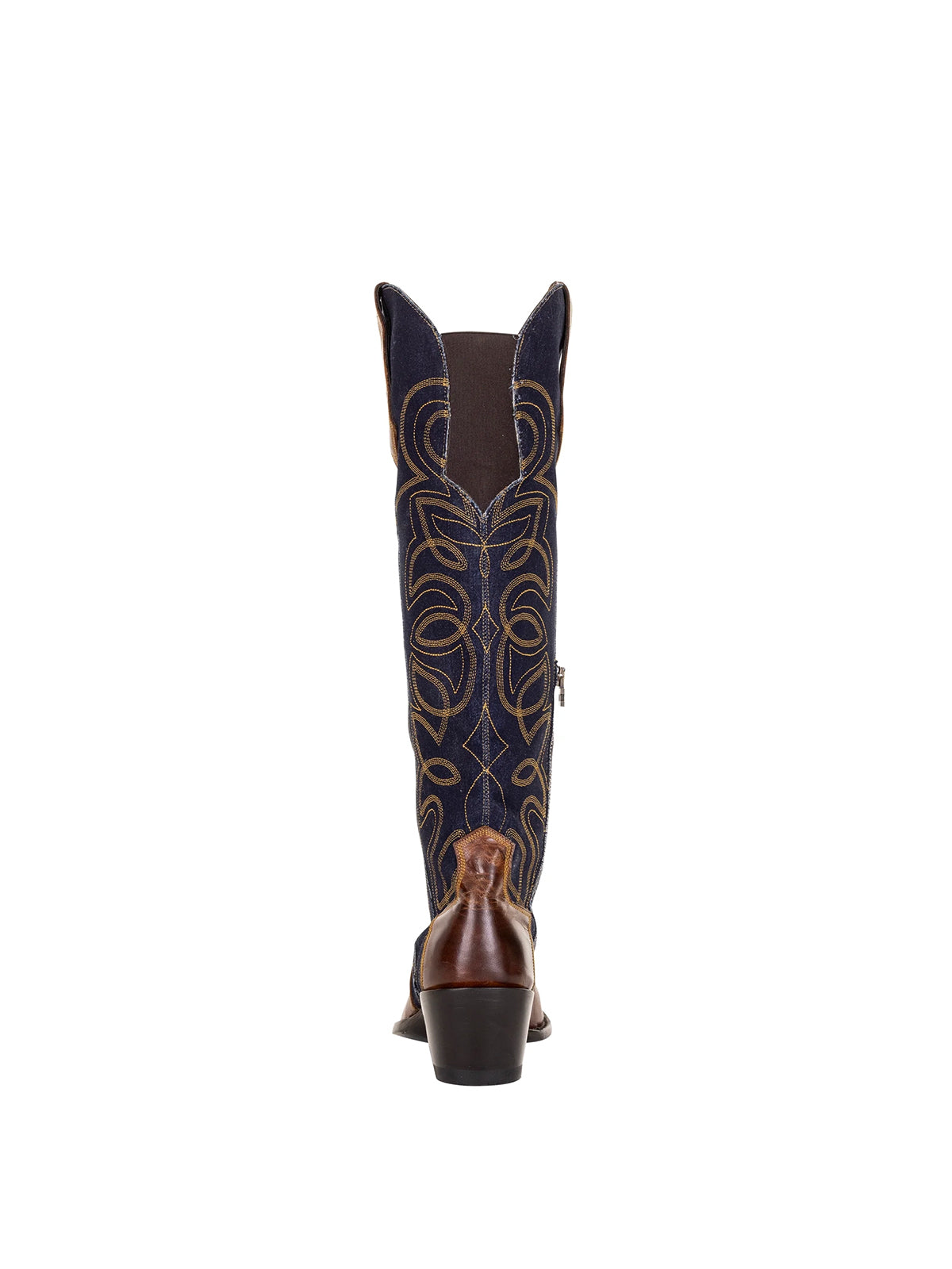 Blue Denim Contrast Vegan Leather Almond-Toe Embroidery Half-Zip Knee High Cowgirl Boots