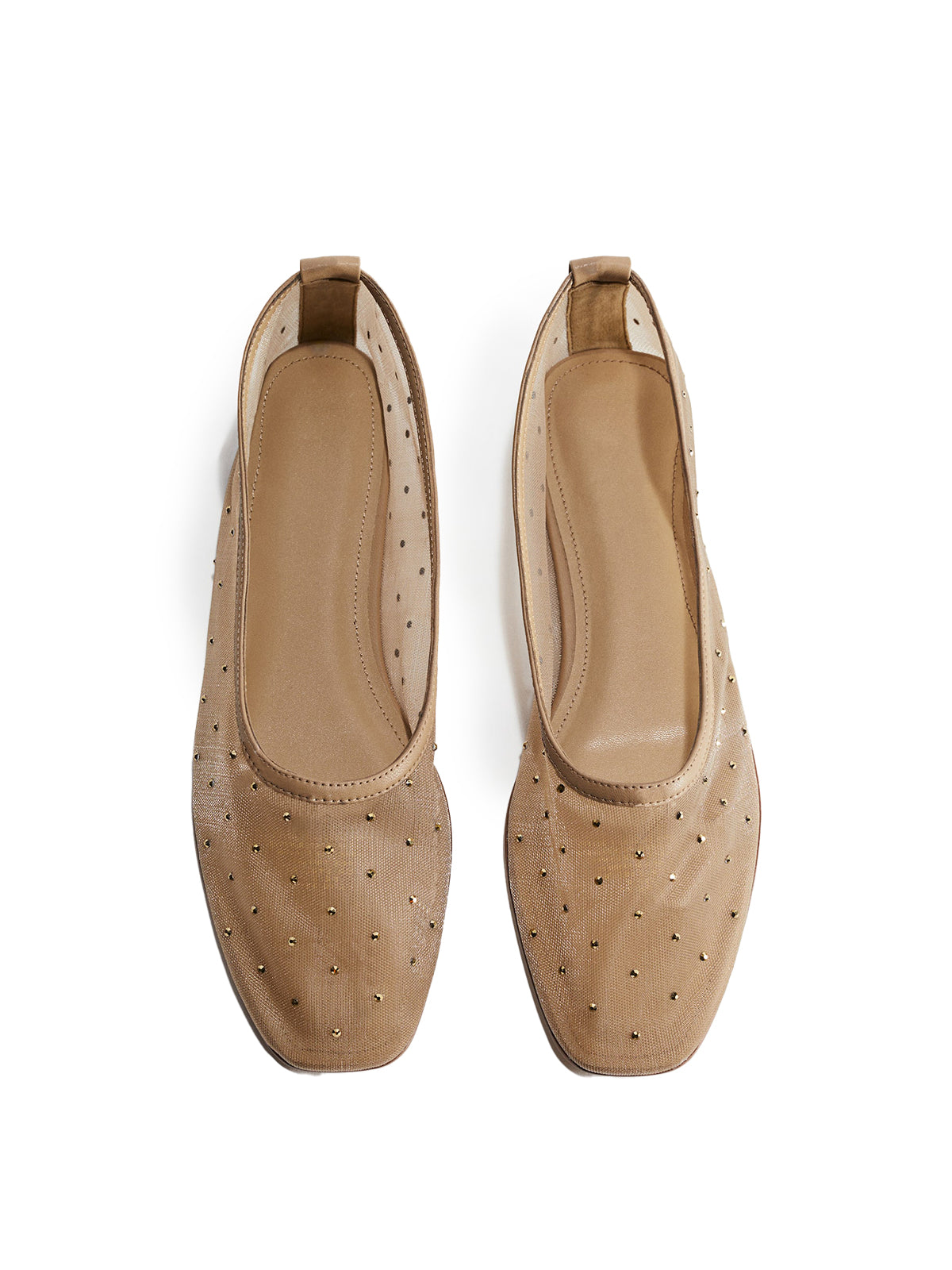Rhinestone Mesh Square-Toe Ballet Flats - Beige