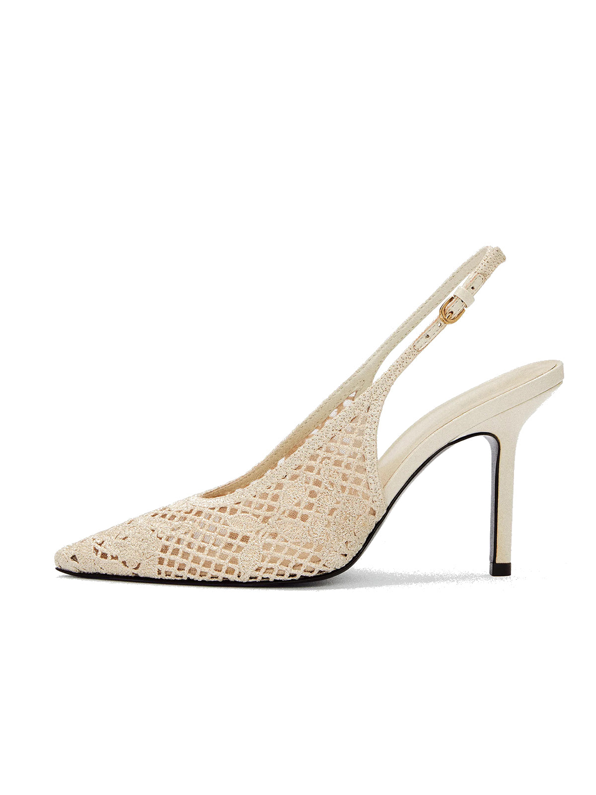 Cream Woven And Mesh Pointed-Toe Buckle Back Strap High Heels