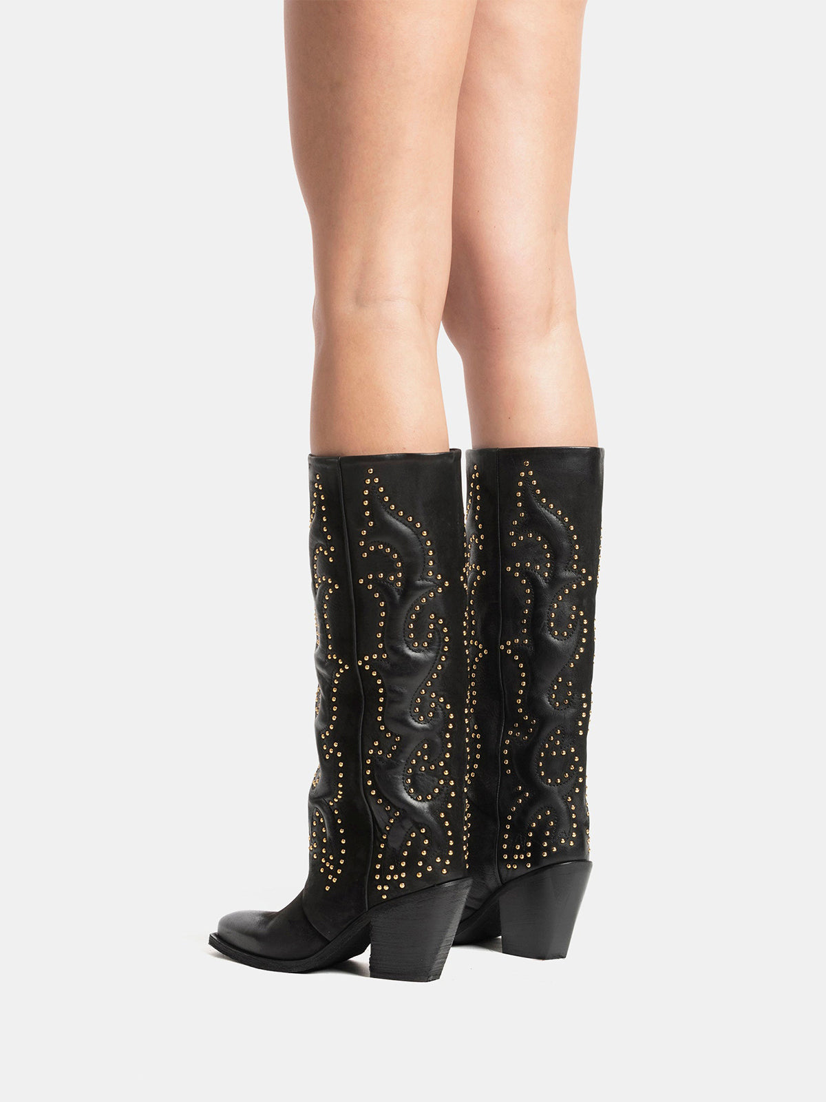Black Snip-Toe Embroidery Gold Studs Wide Calf Knee High Cowgirl Boots