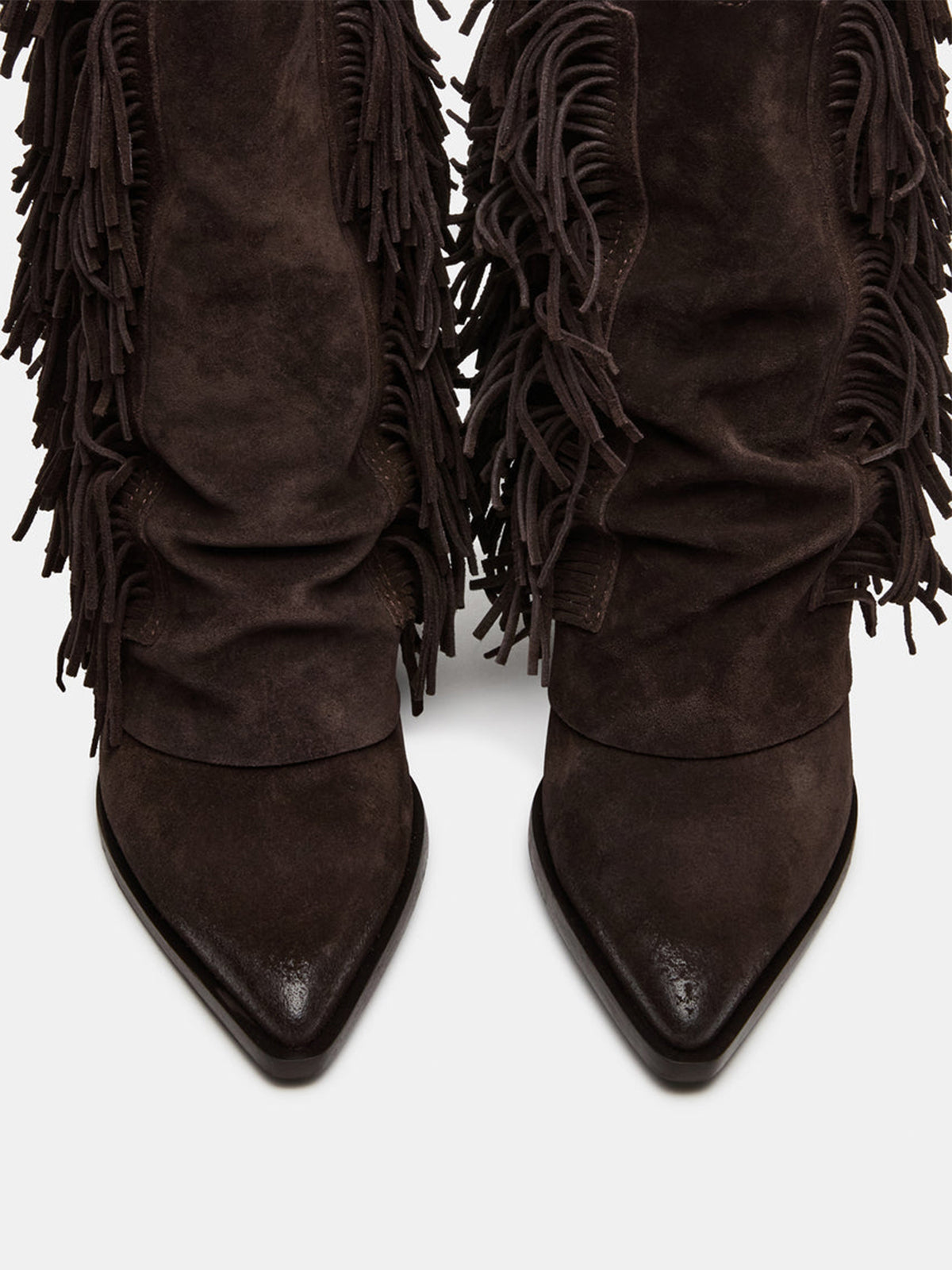 Dark Gray Faux Suede Pointed-Toe Full Fringe Fold-Over Mid Calf Cowgirl Boots
