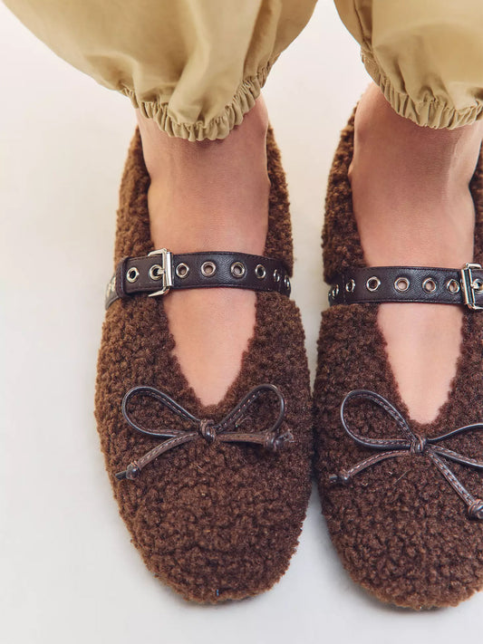 Chocolate Plush Square-Toe Front Bow Mary Jane Ballet Flats