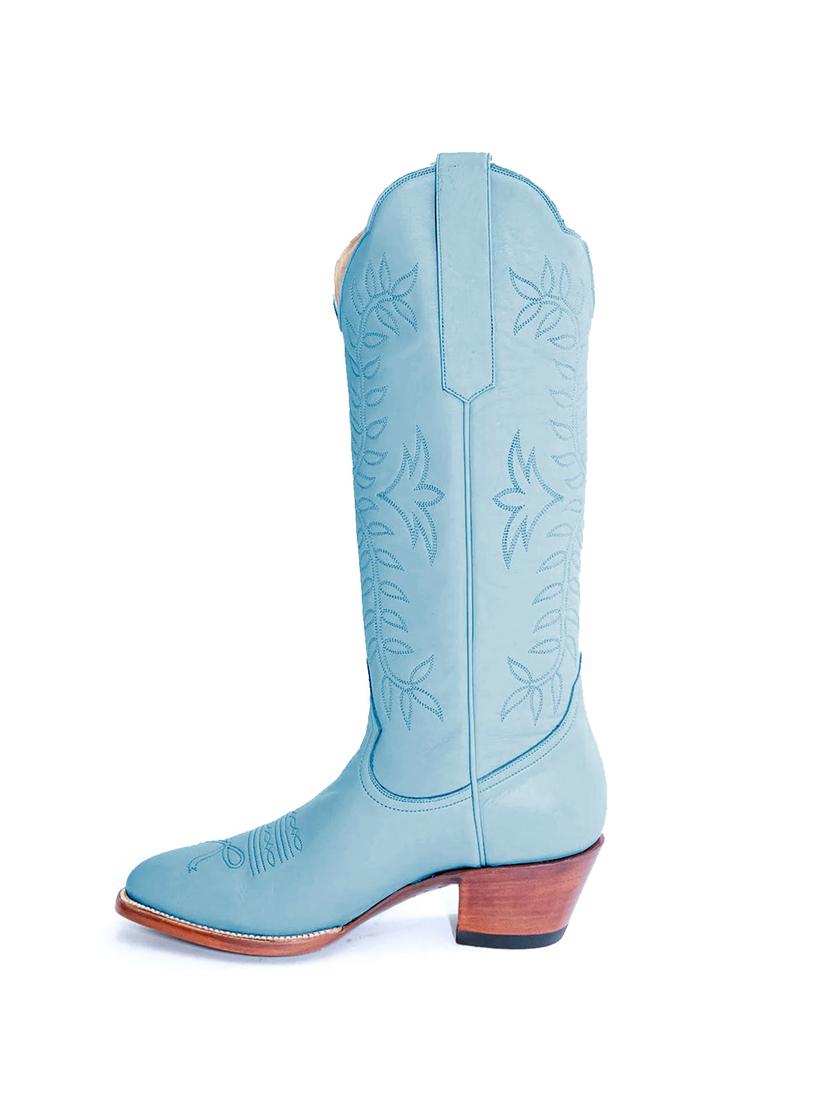 Leaves Embroidery Almond-Toe Wide Knee High Cowgirl Boots - Blue