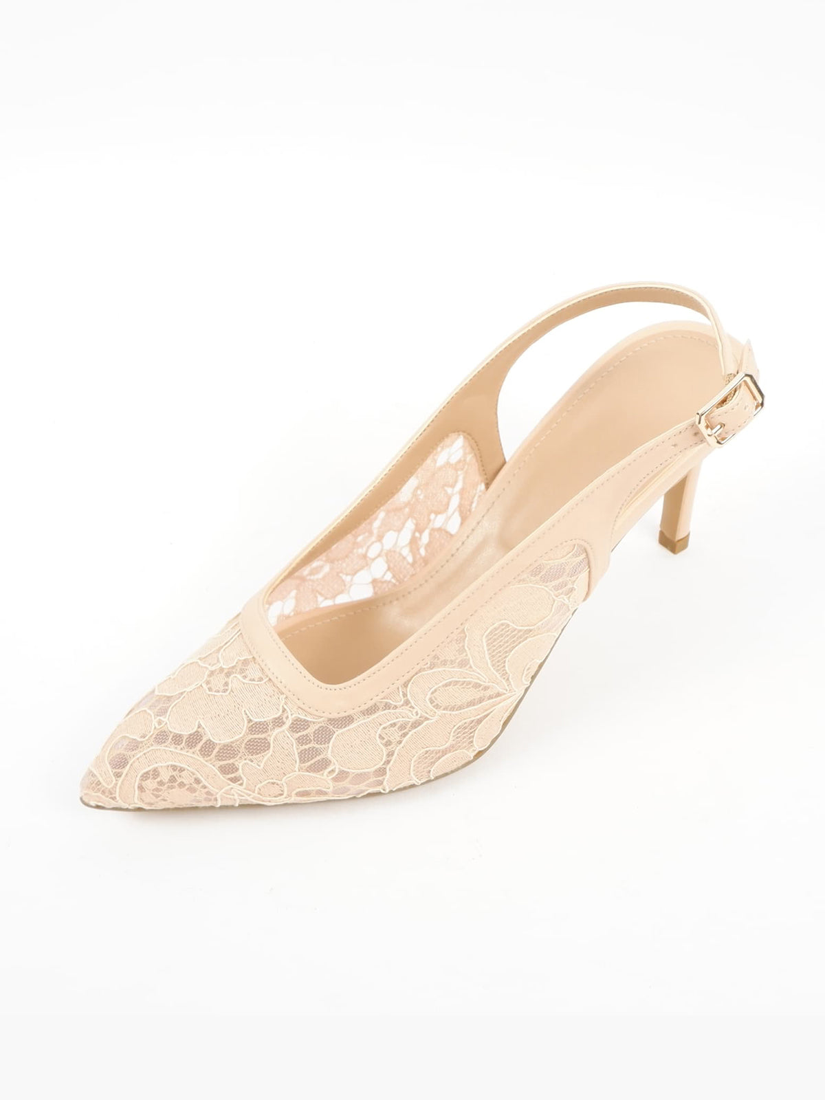 Nude Lace Mesh Pointed-Toe Classic Back Strap Chic Kitten Heels