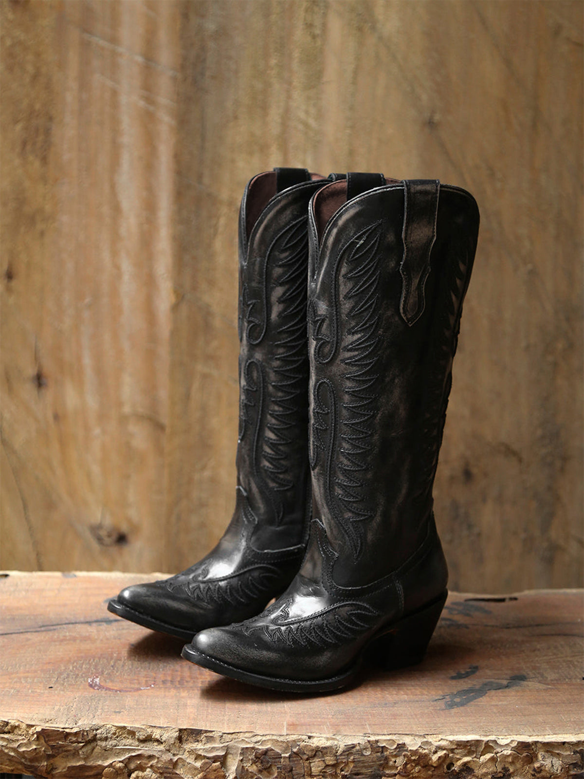 Vintage Black Almond-Toe Chic Embroidery Half-Zip Knee High Cowgirl Boots