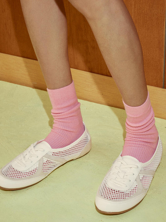 White Faux Suede And Mesh Round-Toe Lace-Up Flats Sneakers