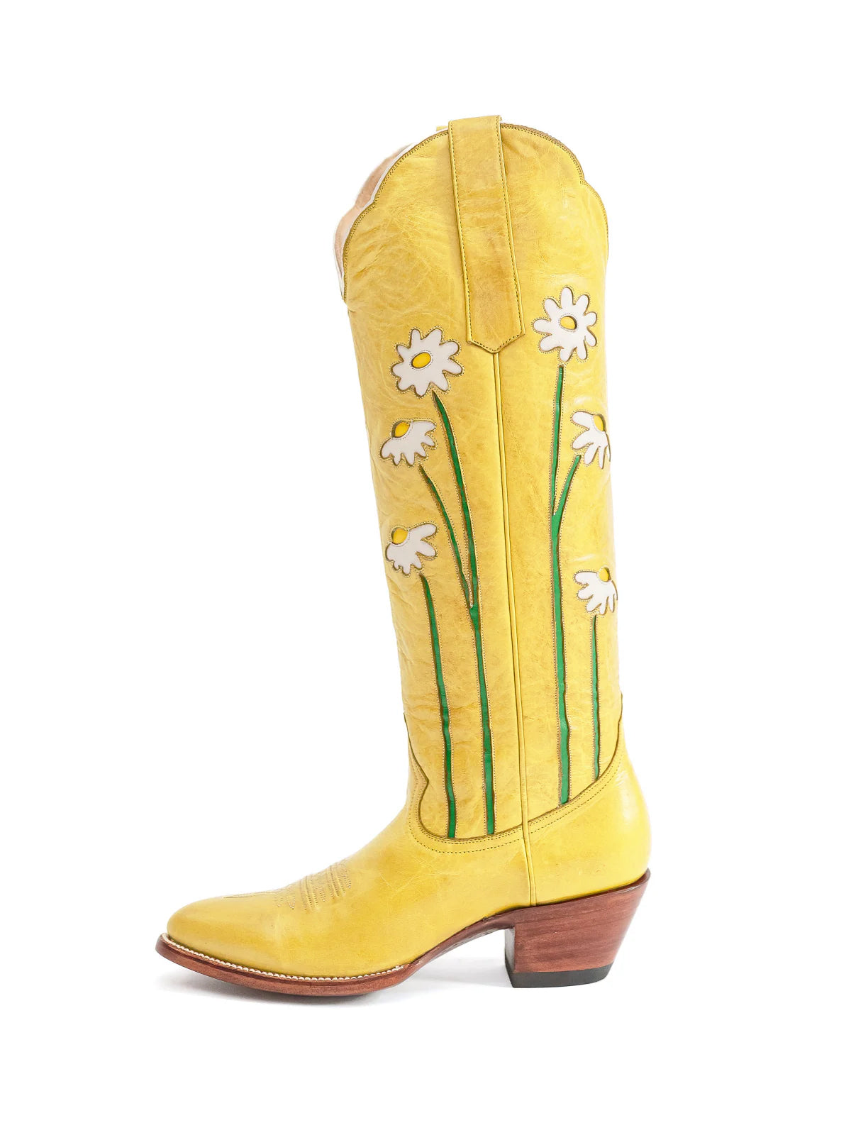 Yellow Almond-Toe Wide Calf Western Boots Knee High Tall Boots With Floral Inlay