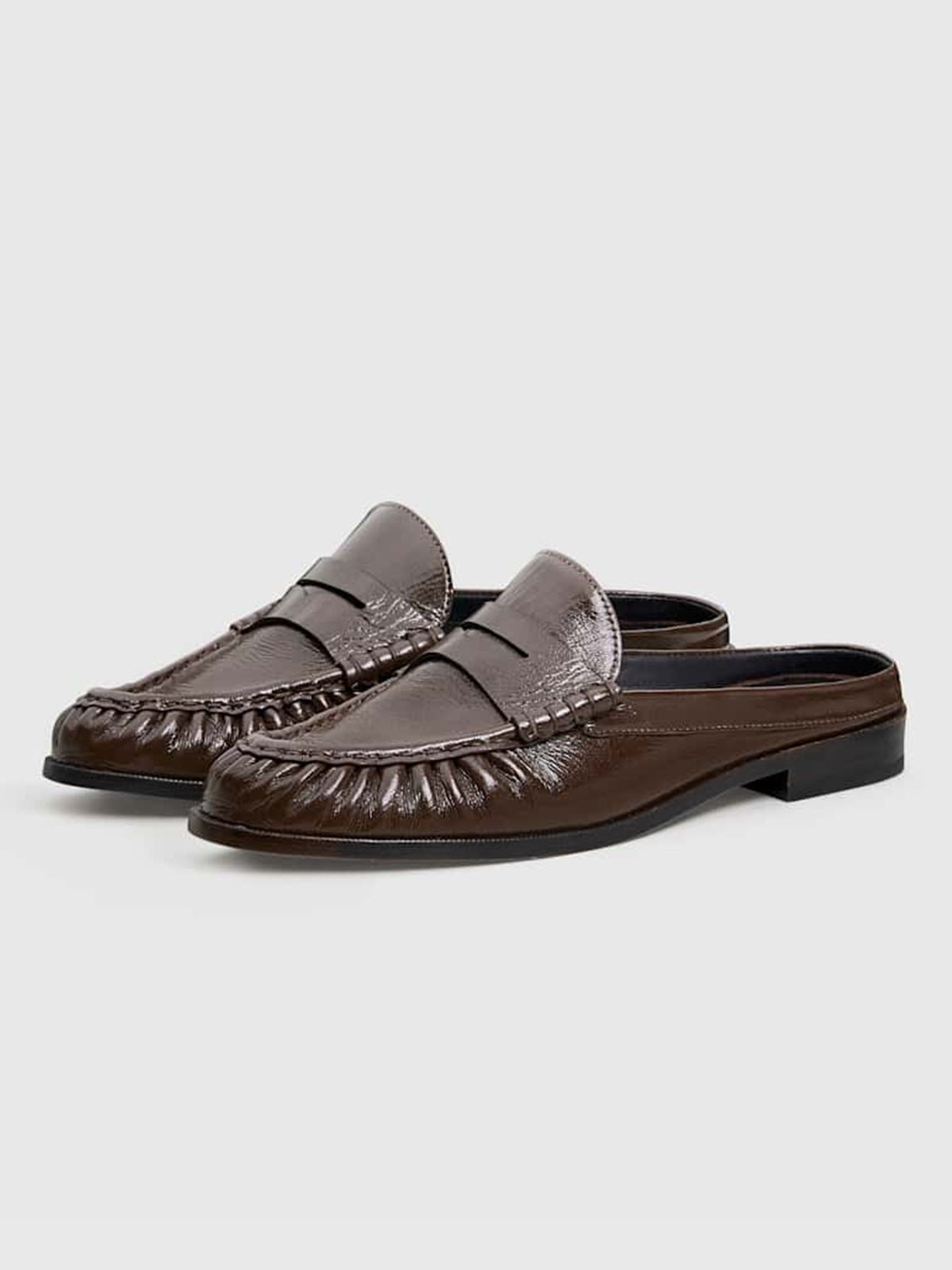 Crinkle Coffee Round-Toe Chic Slip-On Mules Flats