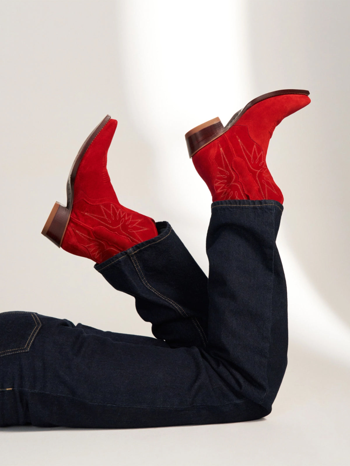 Red Faux Suede Snip-Toe Embroidery Ankle Booties