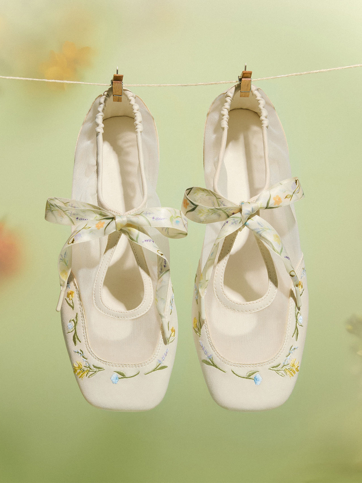 Cream Mesh And Faux Suede Square-Toe Floral Embroidery Bridge Bow Strap Flats