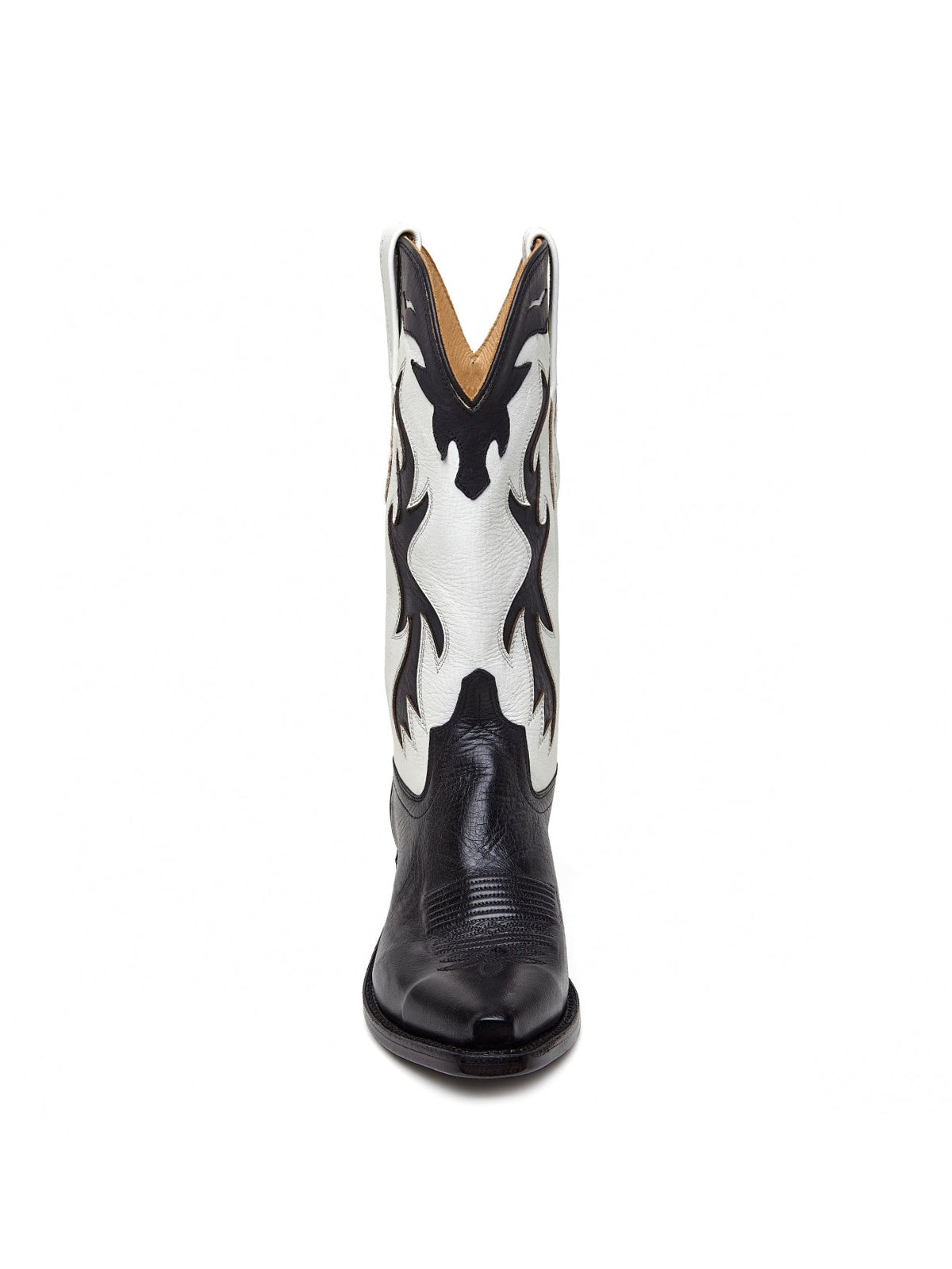 Black And White Snip-Toe Flame Embroidery Mid Calf Cowgirl Boots