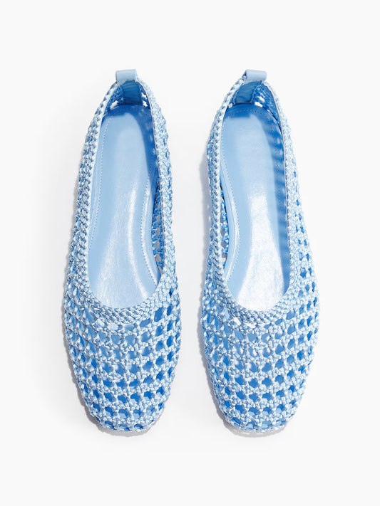 Blue Satin Woven Square-Toe Simple Ballet Flats