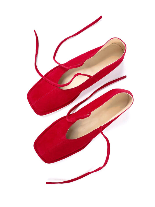 Red Faux Suede Square-Toe Middle Strap Slip-On Chic Flats