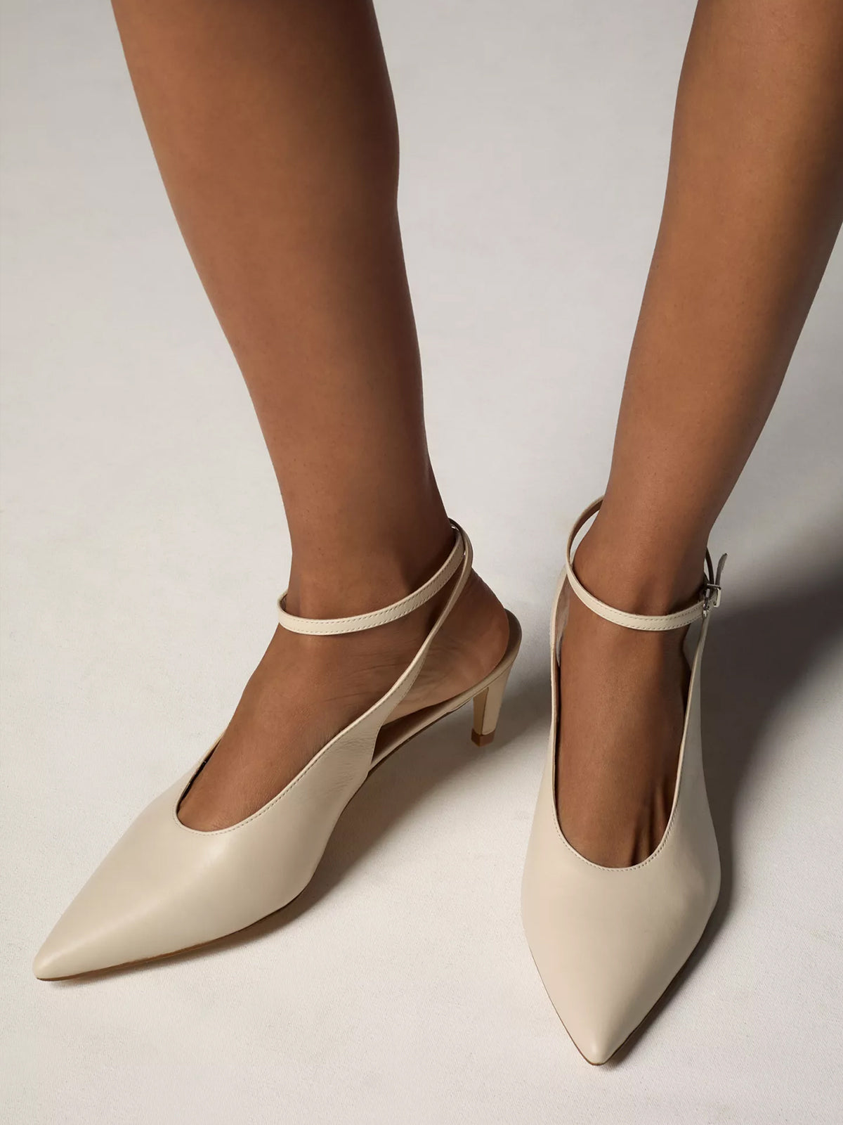 Cream Pointed-Toe Chic Slingback And Buckle Ankle Strap Kitten Heels