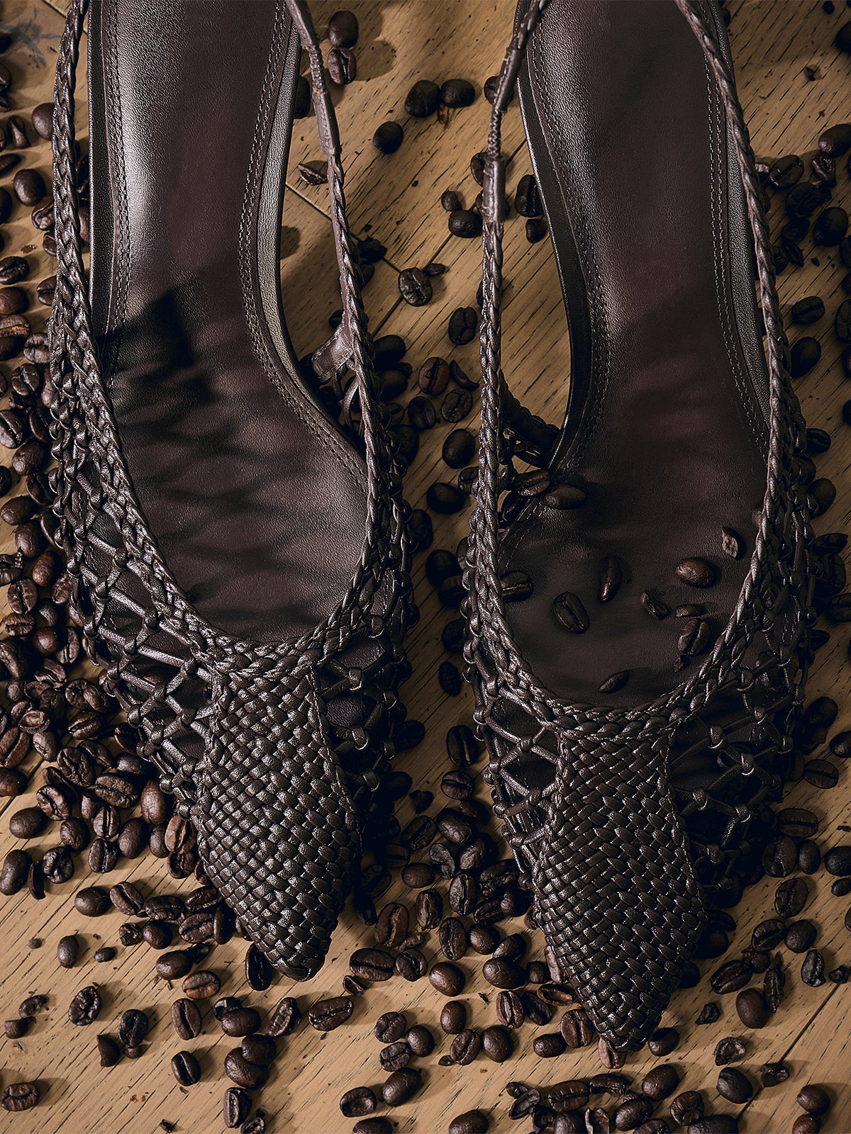 Black Woven Vegan Leather Pointed-Toe Slingback Kitten Heels