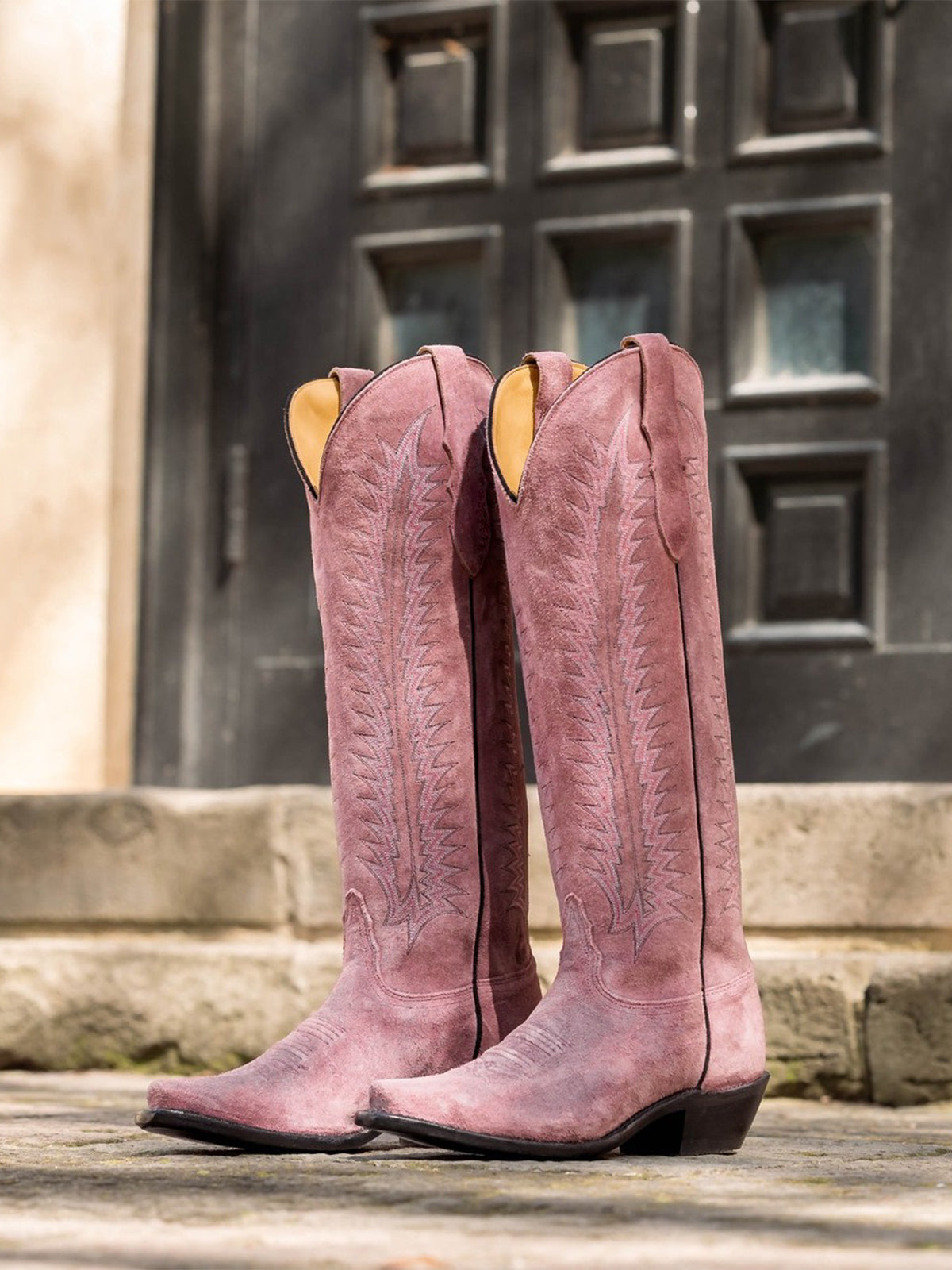 Pink Faux Suede Snip-Toe Wide Calf Embroidery Knee High Cowgirl Boots