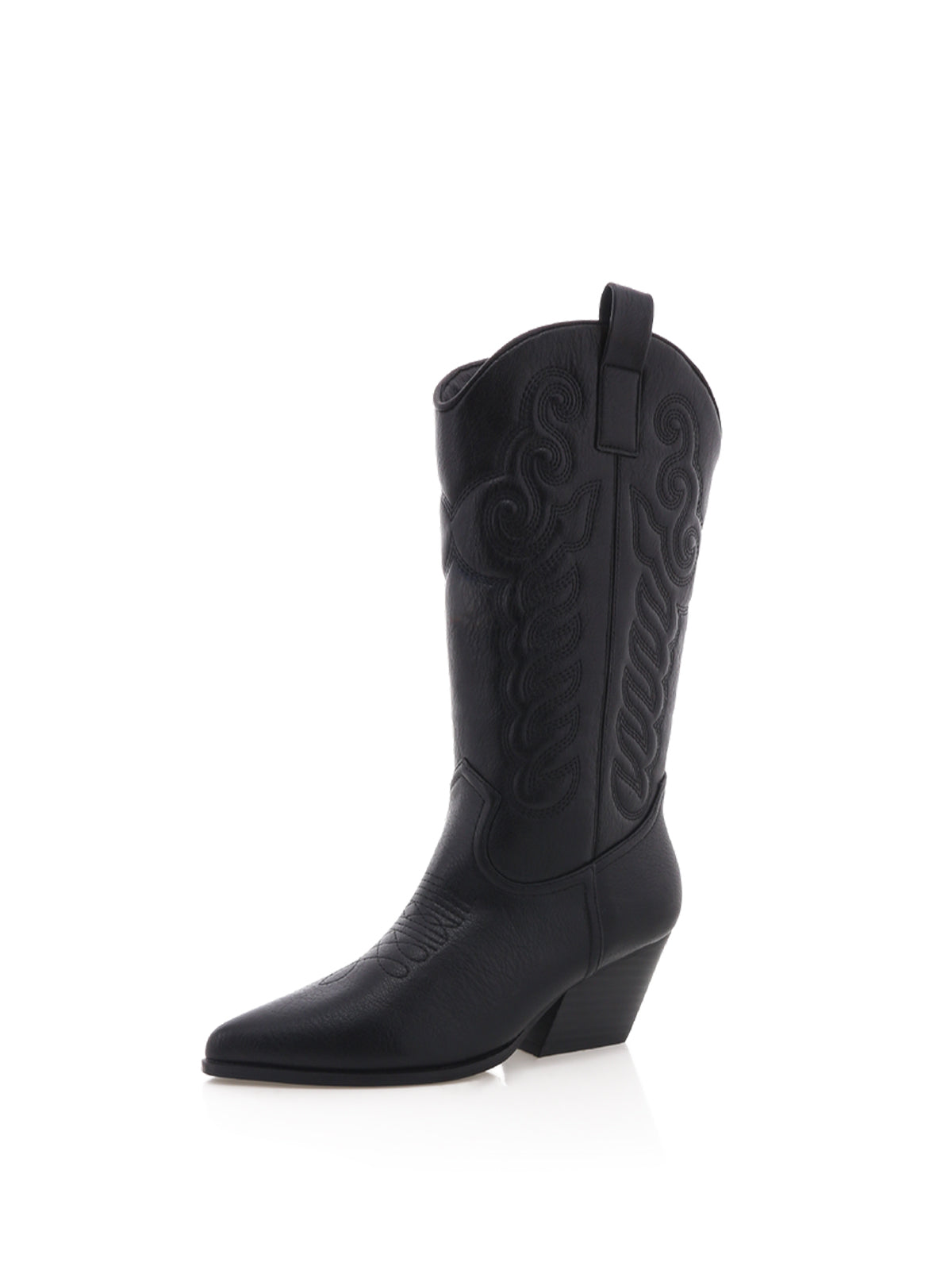 Black Pointed-Toe Embroidery Western Mid Calf Cowgirl Boots For Women