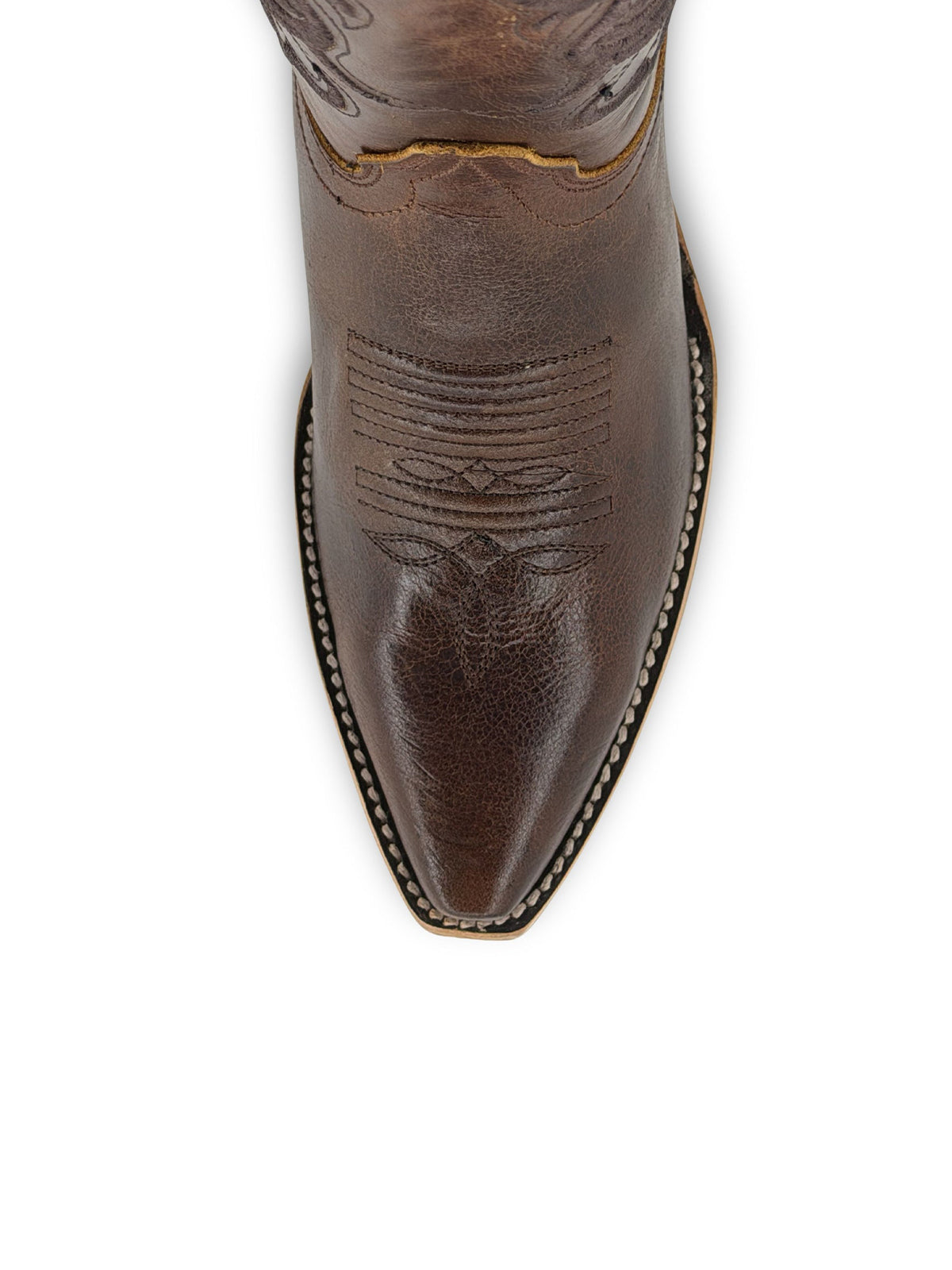 Distressed Coffee Snip-Toe Sleek Embroidery Wide Calf Knee High Cowgirl Boots