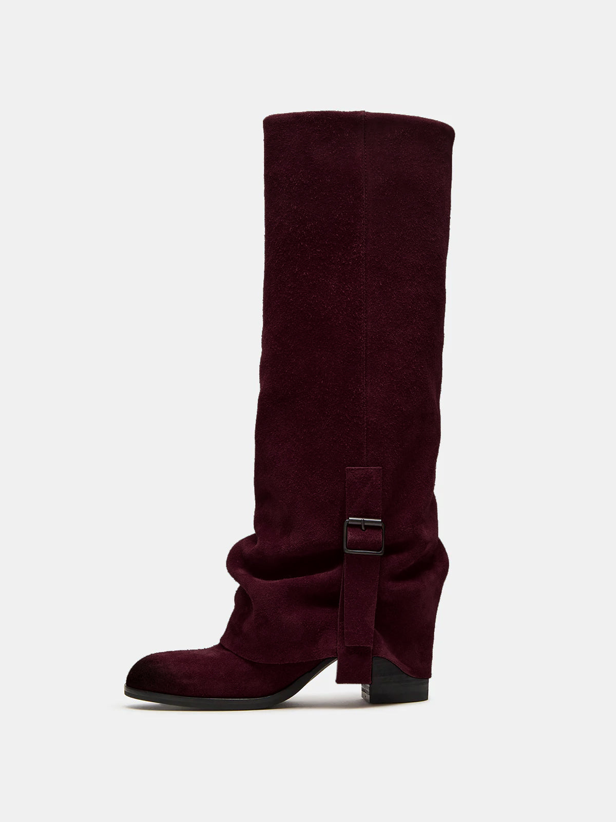 Wine Red Faux Suede Round-Toe Fold-Over Adjustable Buckle Knee High Cowgirl Boots