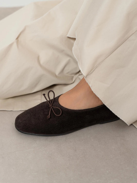 Coffee Cow Suede Round-Toe Front Bow Slip-On Flats