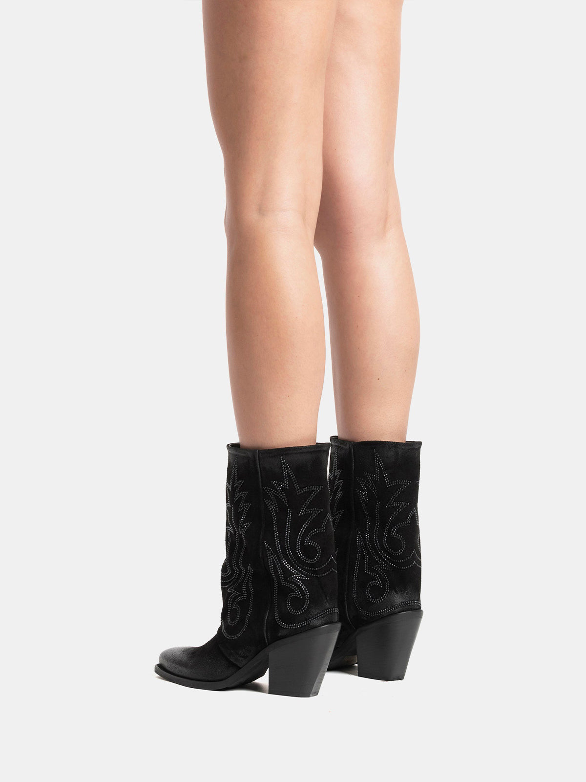 Black Snip-Toe Faux Suede Embroidery Mid Calf Cowgirl Boots