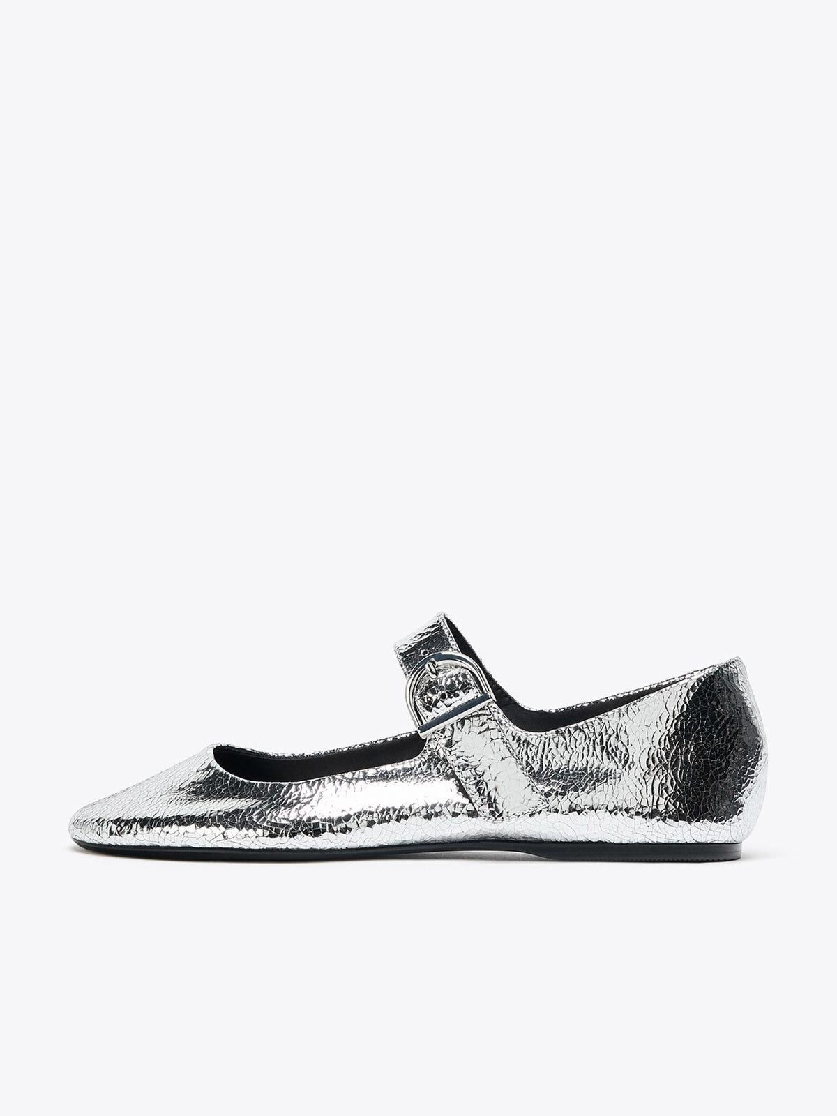 Metallic Silver Round-Toe Bridge Strap Ballet Flats
