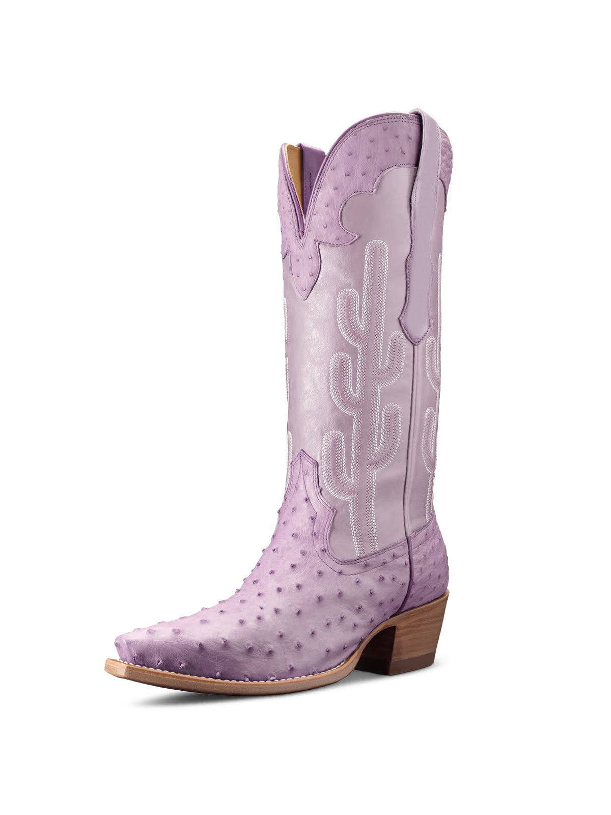 Contrast Purple And Ostrich Print Snip-Toe Cactus Embroidery Mid Calf Cowgirl Boots