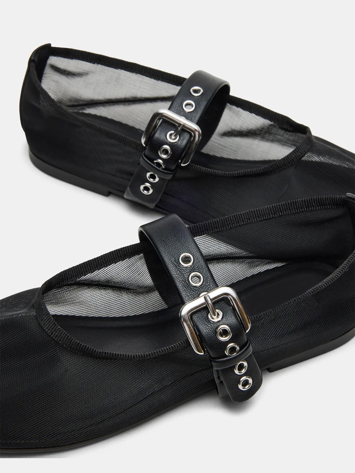 Black Mesh Round-Toe Bridge Buckle Strap Ballet Flats