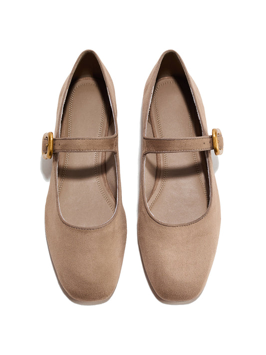 Grayish Beige Faux Suede Square-Toe Mary Jane Classic Ballet Flats