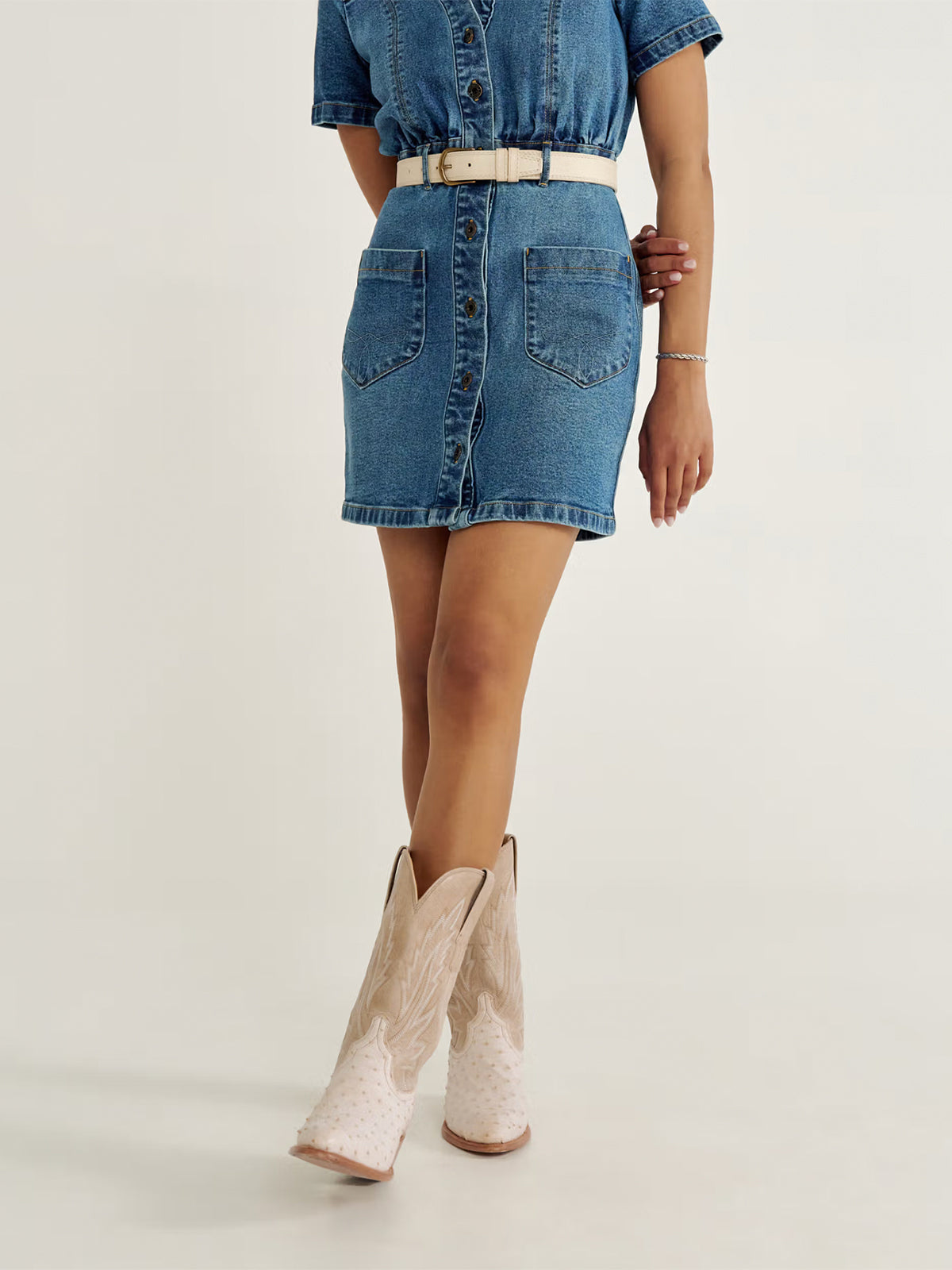 Contrast Sand And White Ostrich Print Almond-Toe Embroidery Mid Calf Cowgirl Boots