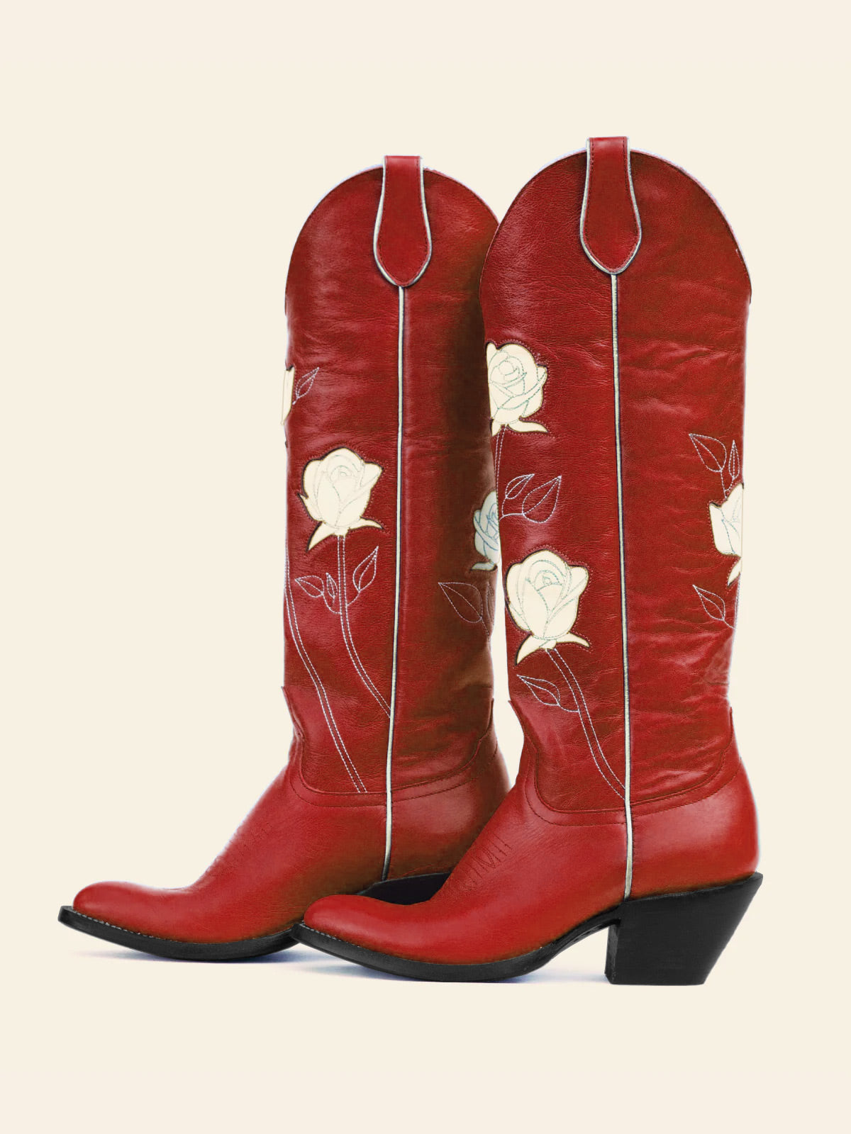 Red Almond-Toe Cowgirl Knee High Boots With White Rose Inlay