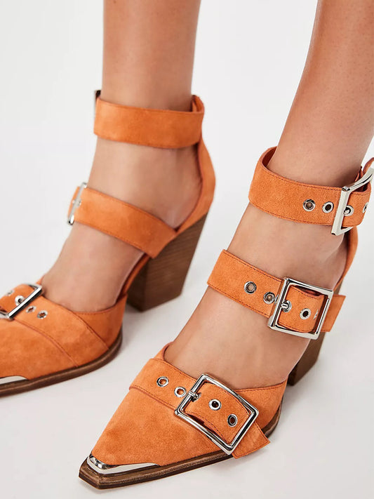 Pointed-Toe Three Buckled Straps Back Zip Chunky High Heels - Orange Faux Suede