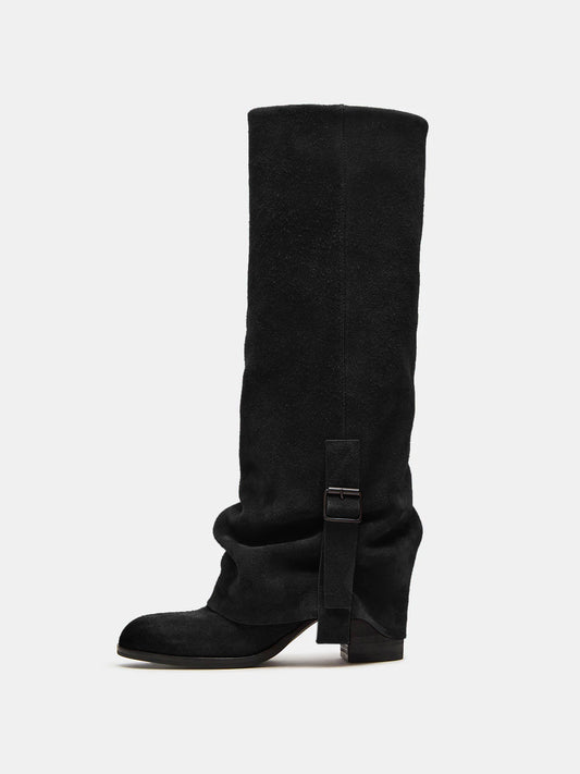 Black Faux Suede Round-Toe Fold-Over Adjustable Buckle Knee High Cowgirl Boots