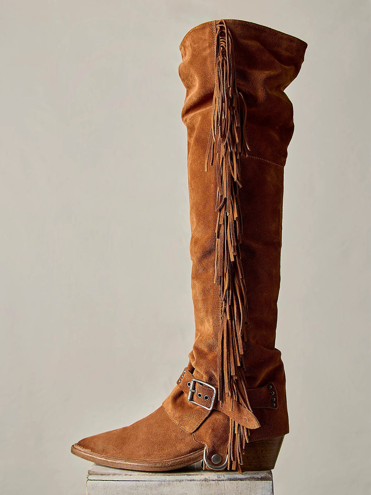 Tan Faux Suede Pointed-Toe Side Fringe Buckle Strap Over-The-Knee Cowgirl Boots