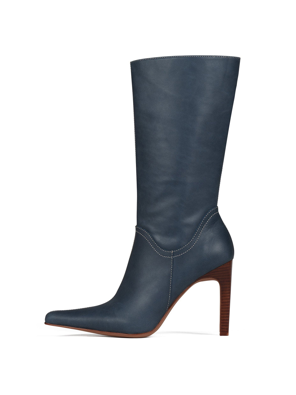 Dark Blue Pointed-Toe Simple Full-Zip Stiletto Boots
