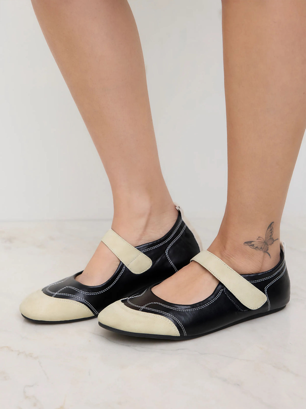 Beige And Black Round-Toe Chic Mary Jane Classic Flats