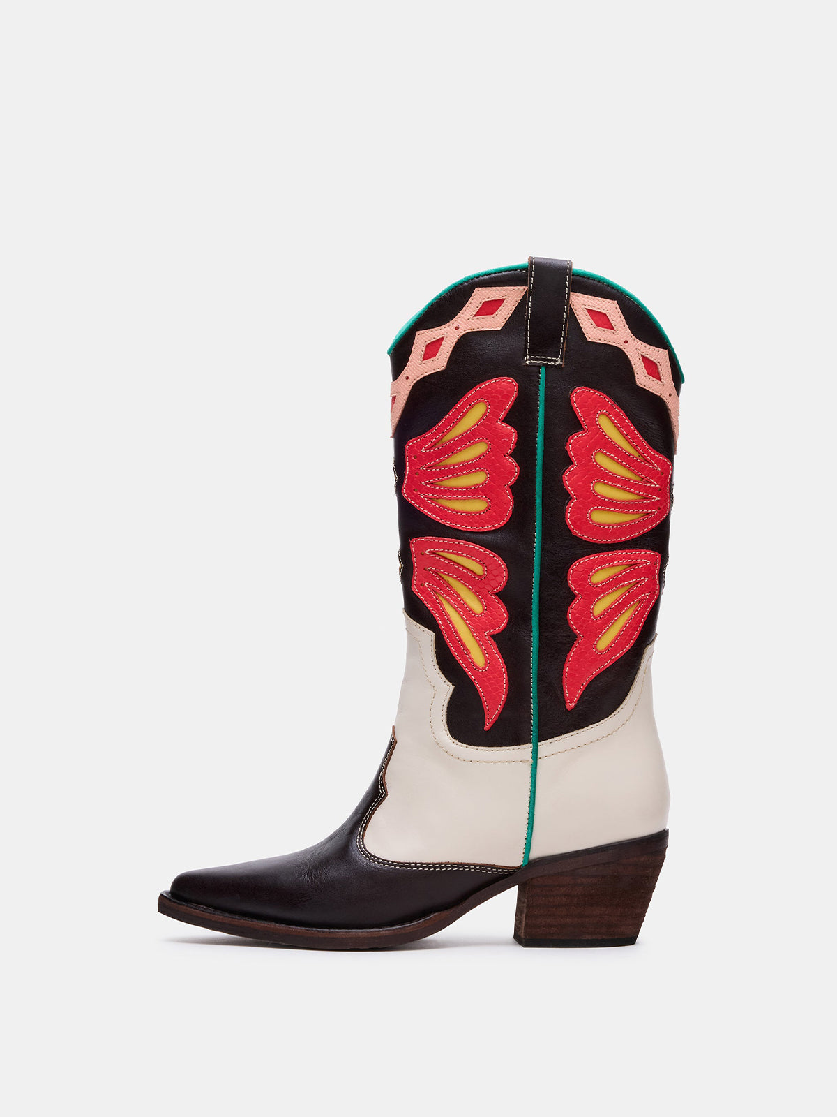 Contrast Tri-Color Crocodile Print Pointed-Toe Butterfly Inlay Mid Calf Cowgirl Boots