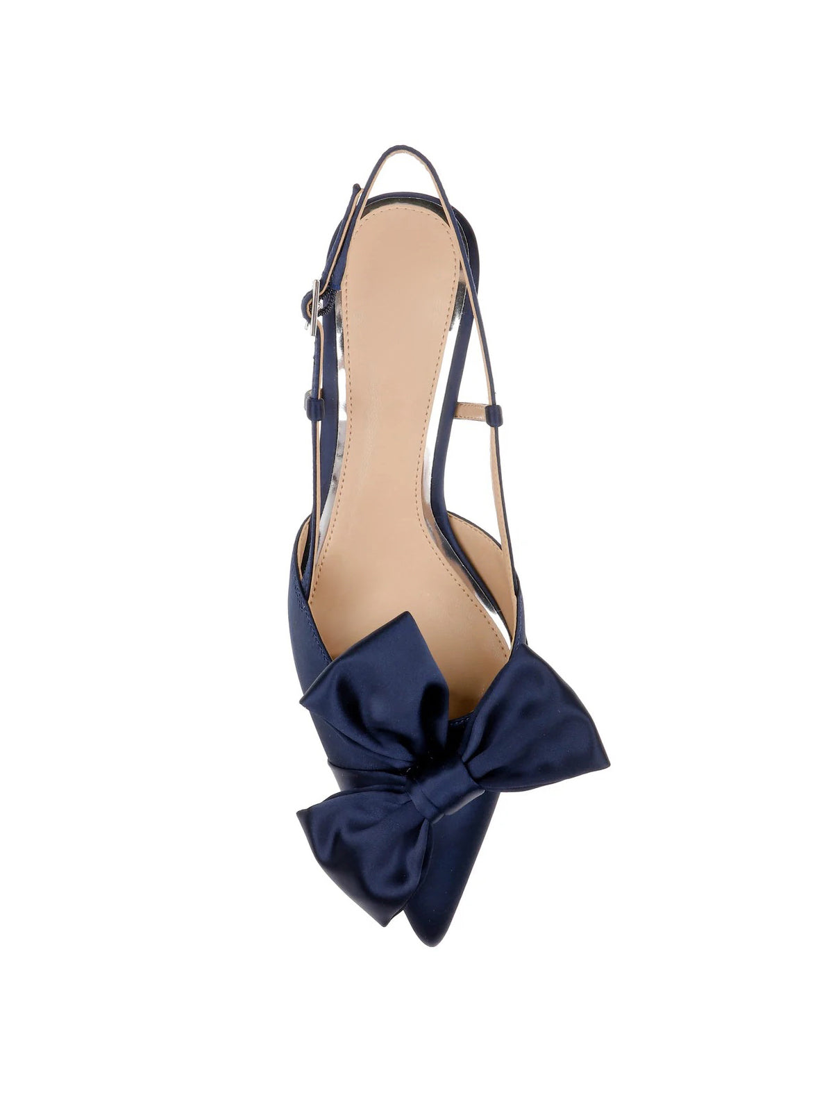 Dark Blue Satin Pointed-Toe Front Bow Slip-On Slingback Chic Kitten Heels