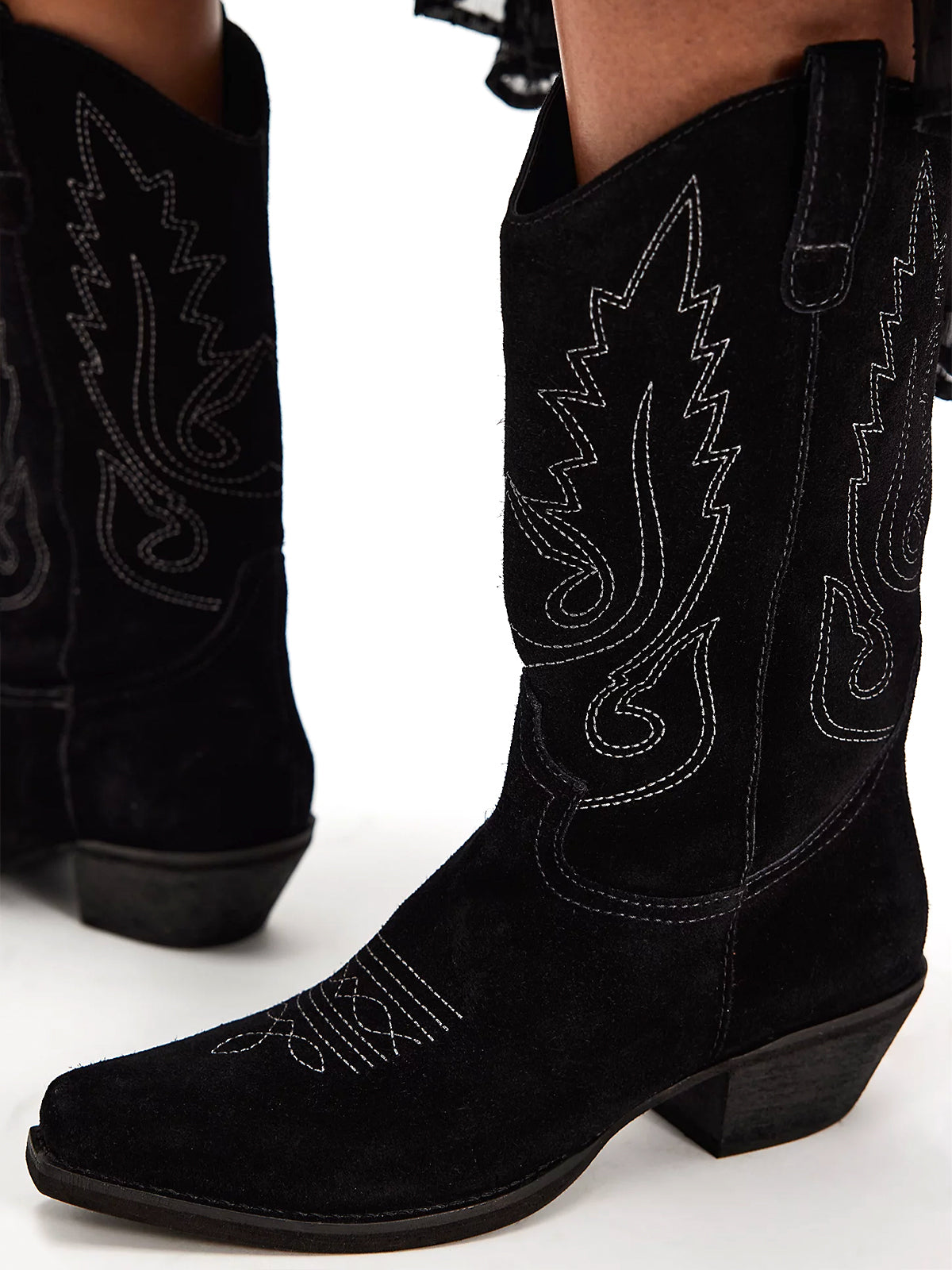 Black Faux Suede Snip-Toe Classic Stitch Mid Calf Cowgirl Boots