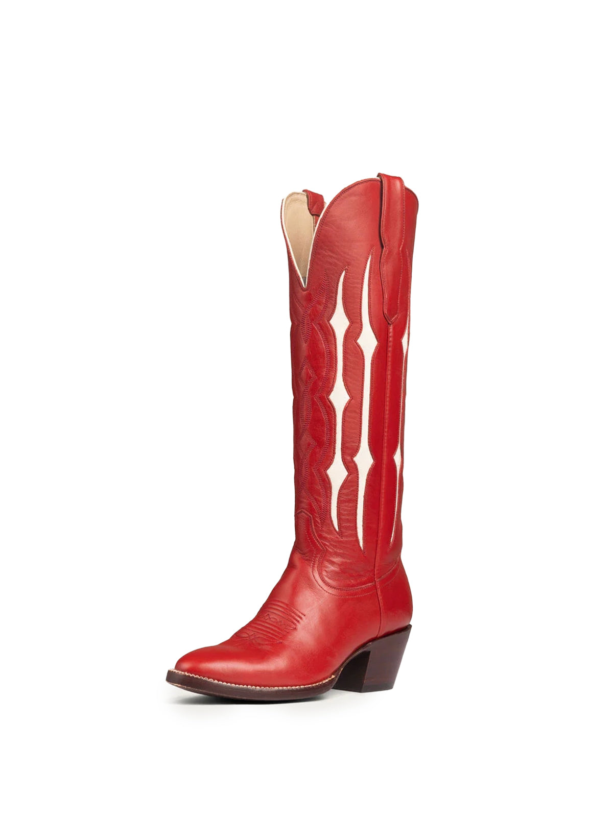 Red Contrast Bone Inlay Stitch Almond-Toe Wide Knee High Western Cowgirl Boots