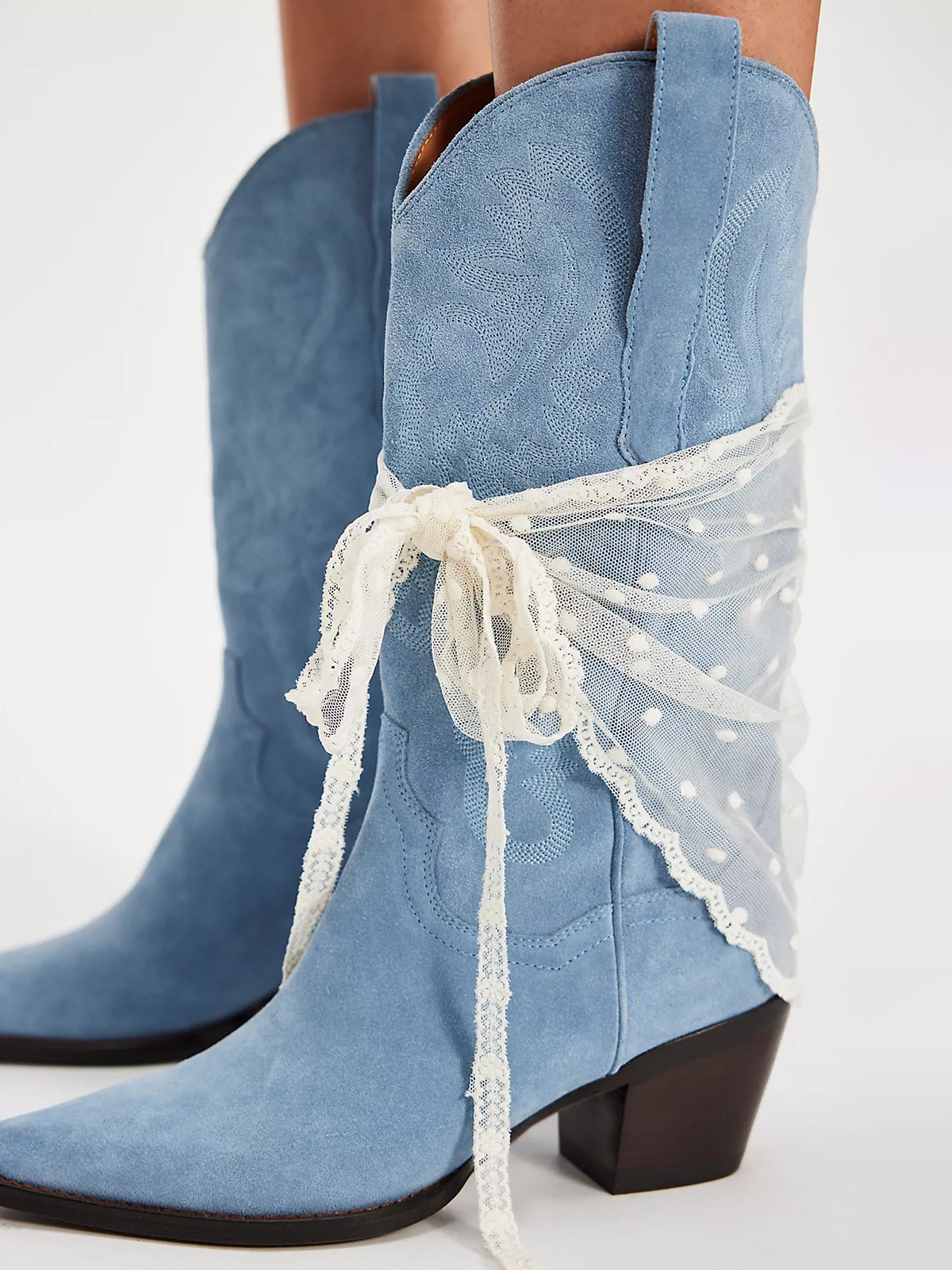 Blue Faux Suede Snip-Toe Western Embroidery Mid Calf Cowgirl Boots