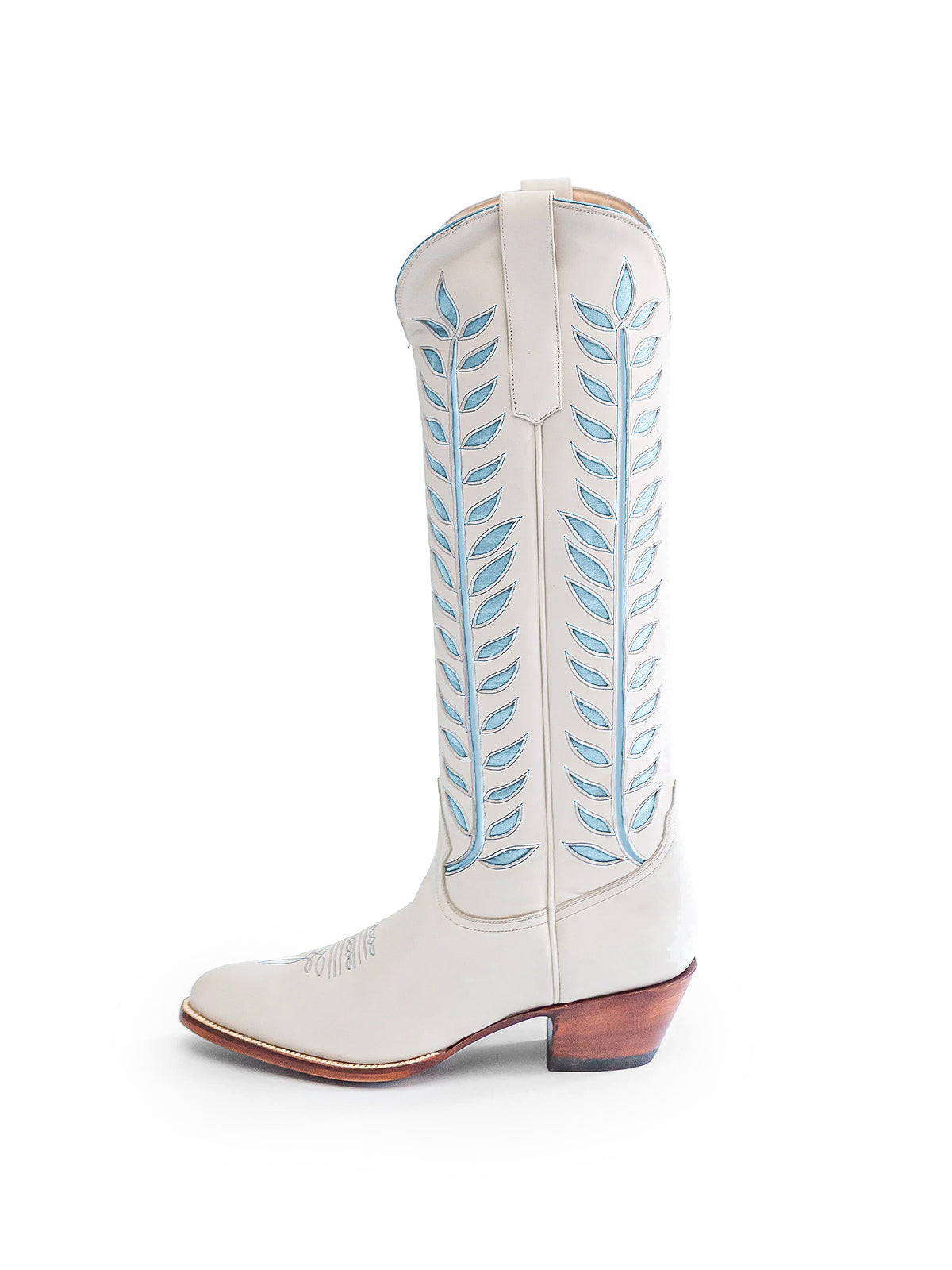 Almond-Toe Light Blue Leaves Inlay Wide Calf Tall Knee High Cowgirl Boots - White