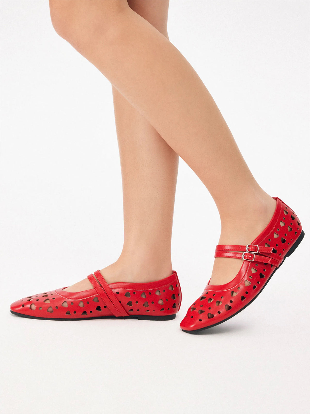Red Square-Toe Heart Cutout Double Mary Jane Flats