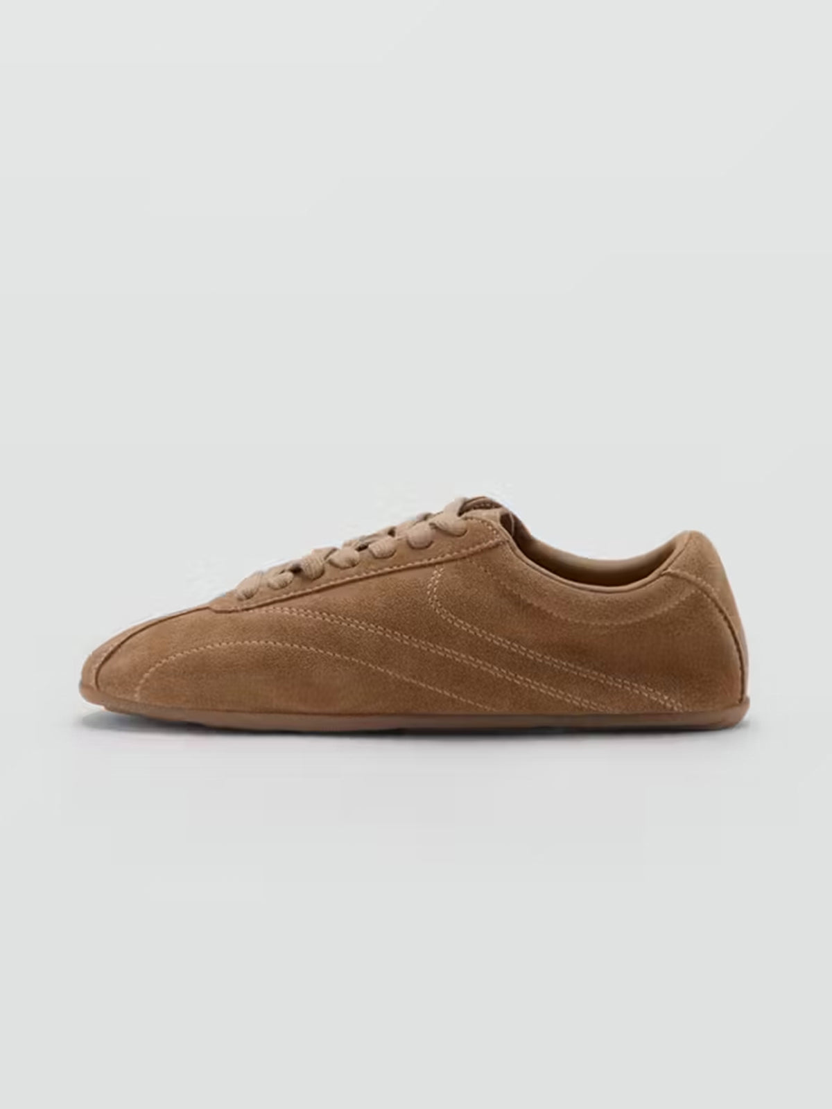 Sand Cow Suede Round-Toe Lace-Up Sneakers Chic Flats
