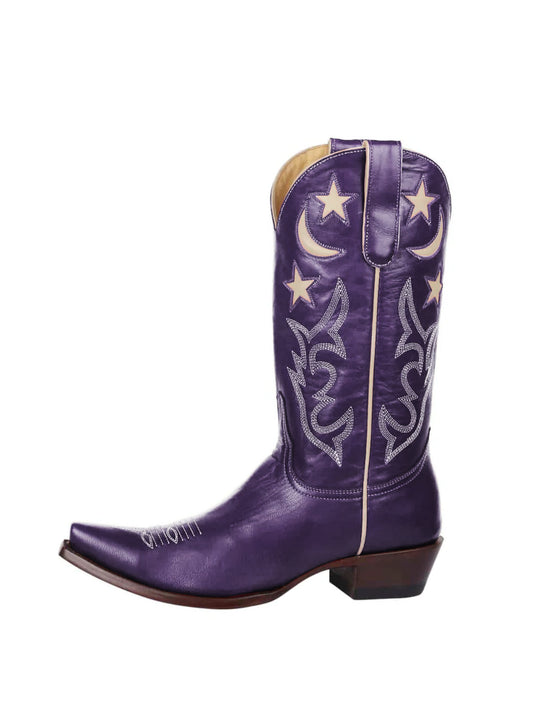 Purple Snip-Toe Moon And Star Inlay Embroidery Mid Calf Cowgirl Boots
