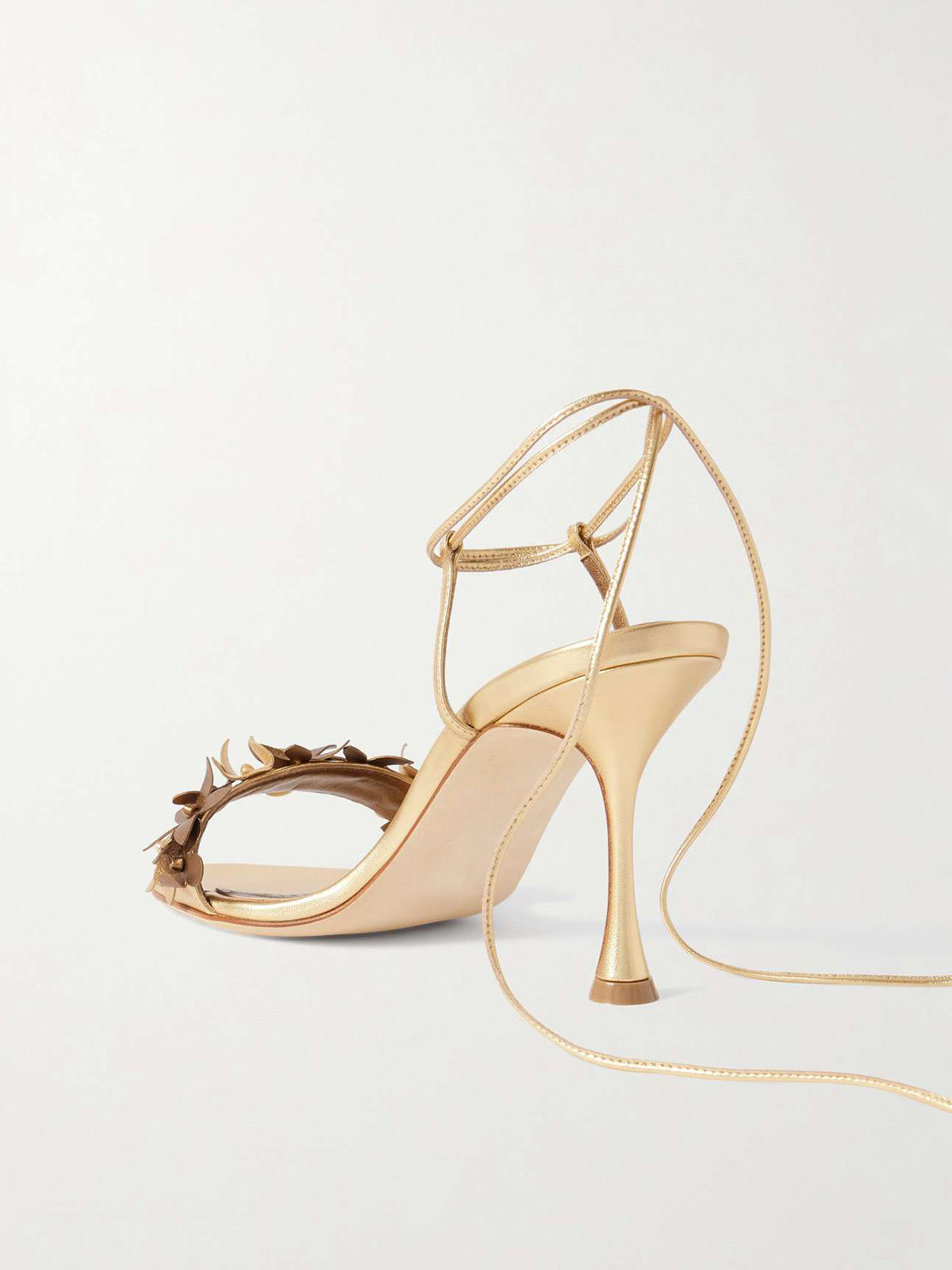Metallic Gold Round-Toe Flowers Applique Ankle Strap High Heels