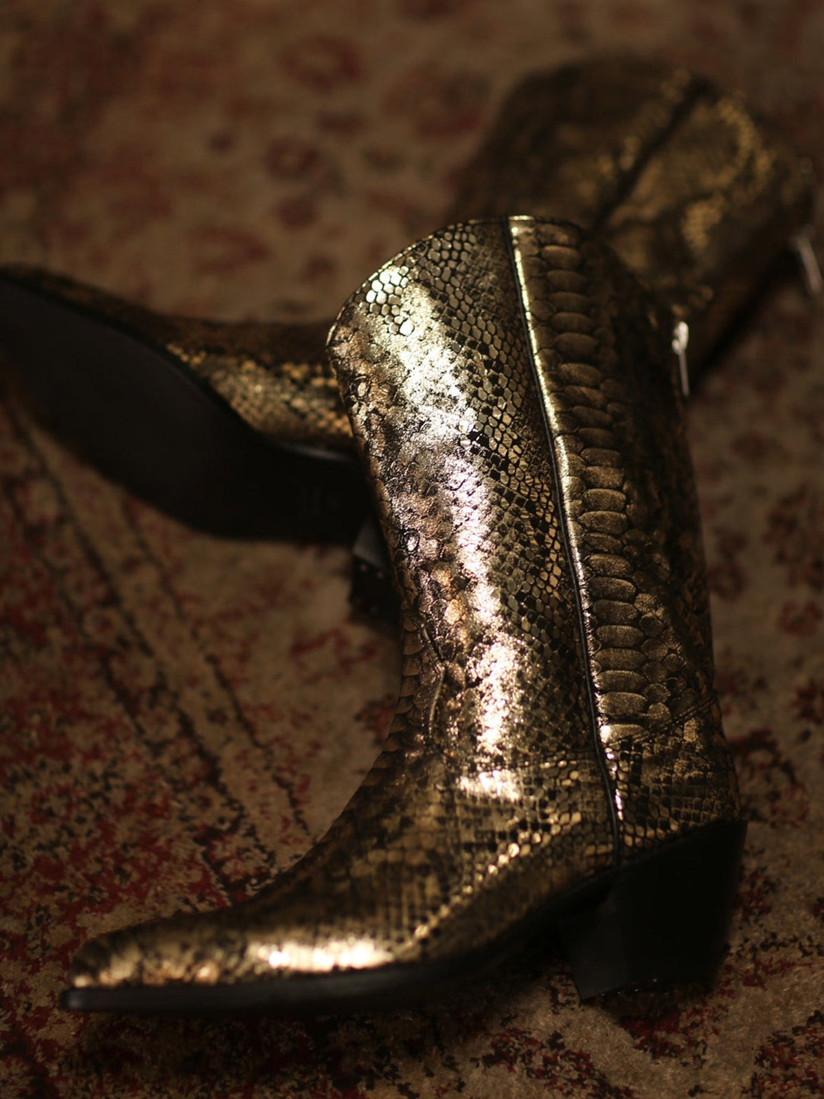 Metallic Snakeskin Print Round-Toe Back Full-Zip Simple Cowgirl Boots